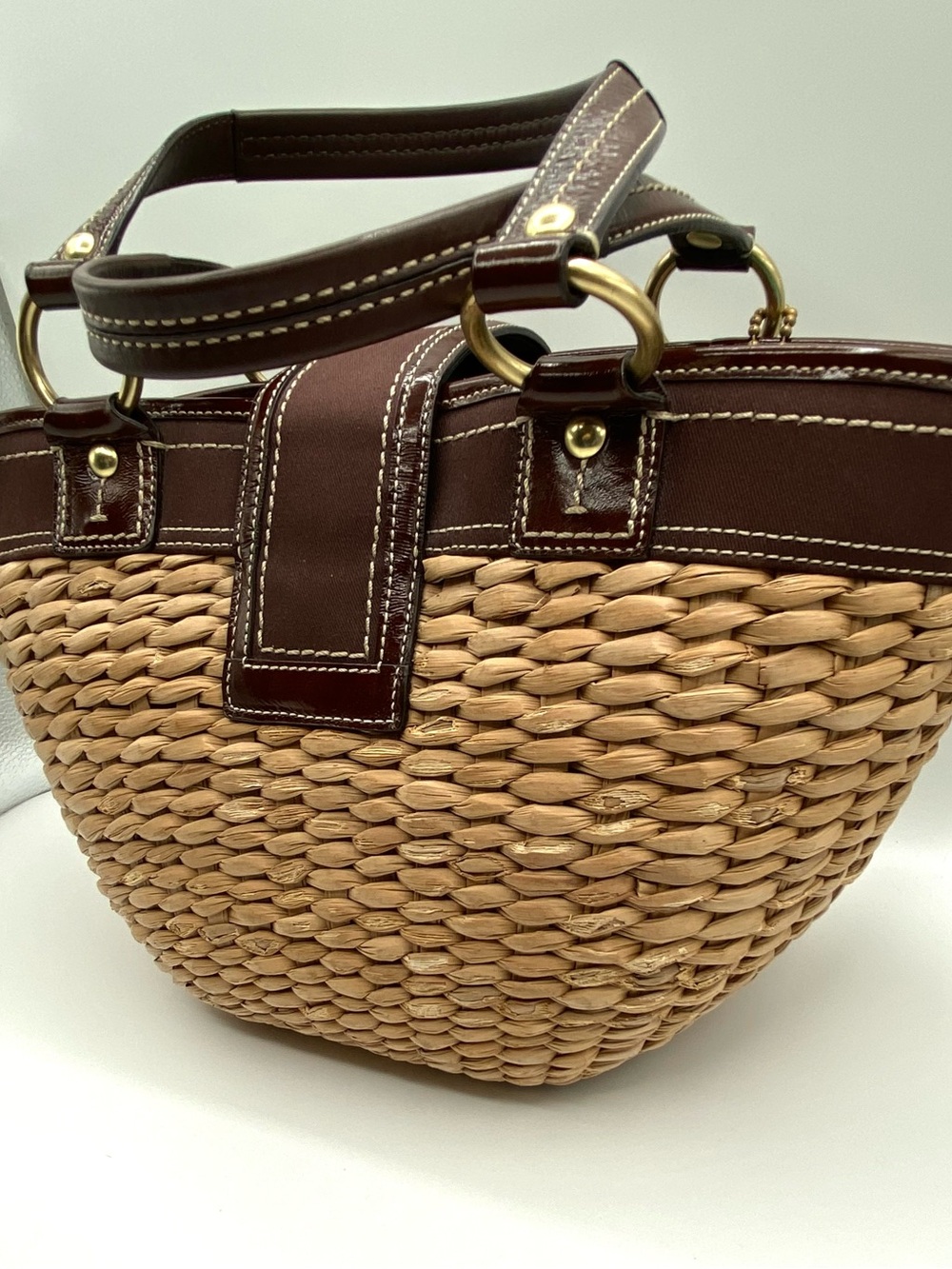Coach Tan Woven Straw Tote with Dark Brown Leather Trim - Picture 5 of 16